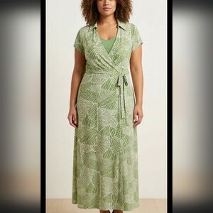 Olive Green Patterned Midi Dress w/ Slip Women's Short Sleeve Plus Size 20W EUC
